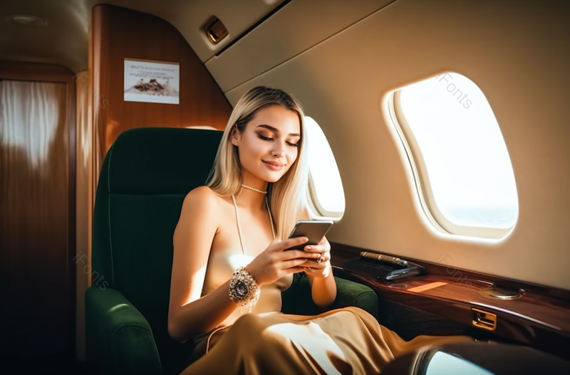 年轻富有的金发女人在私人飞机上使用手机的背景,高清,摄影图,摄影图片,图片大全,摄影图免费下载